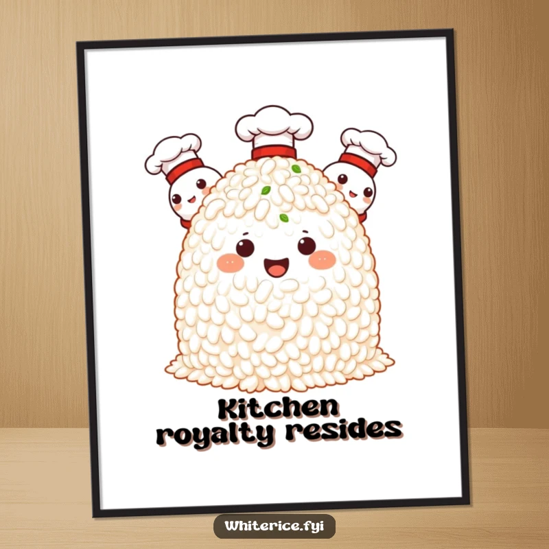 Funny poster showcasing a proud mound of rice characters sporting chef hats, exuding culinary confidence and charm.