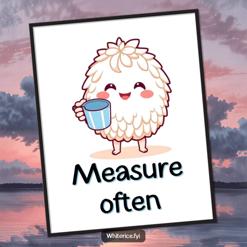 Funny Basmati Rice Poster: A joyful Kawaii character artfully holding a tiny measuring cup, conveying cheerful precision and culinary fun, perfect wall decor.