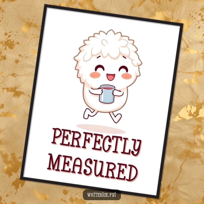 Funny poster artwork of a playful white rice character skipping merrily with a measuring cup.