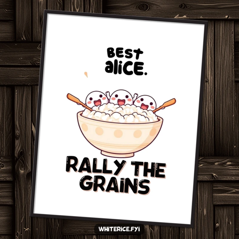 Funny poster showcasing an excited bowl of rice characters cheering with gusto, adding a vibrant and happy touch.