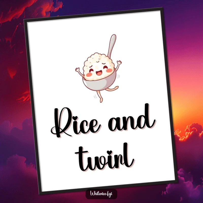 Funny Poster: A joyful spoonful of rice captured mid-pirouette, showcasing artistic movement and culinary whimsy.