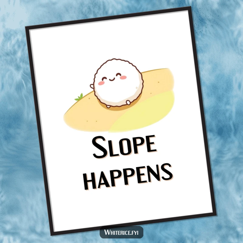 Funny poster showcasing a cute, round rice ball character playfully rolling downhill, perfect for adding humor to any wall space.