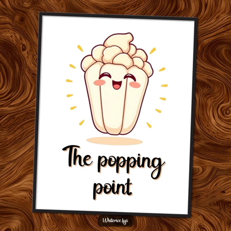 Funny kawaii poster of an excited popcorn kernel popping with a big smile, full of energy.