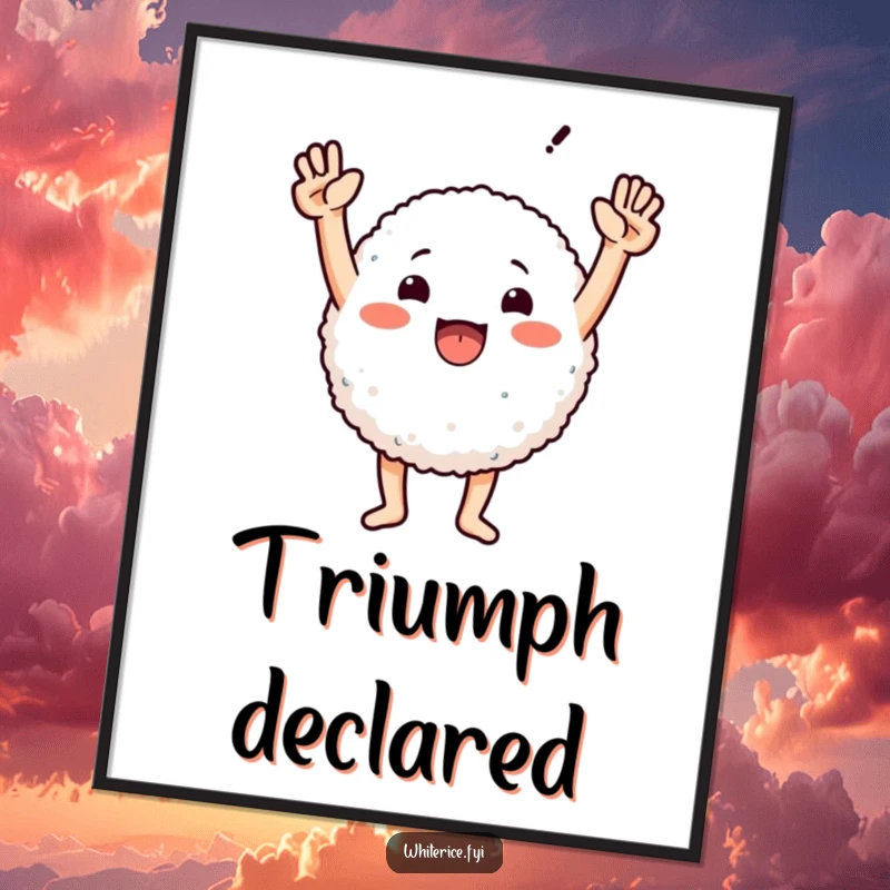 Funny poster showcasing a round rice character with arms raised in a triumphant gesture, radiating joy and accomplishment.