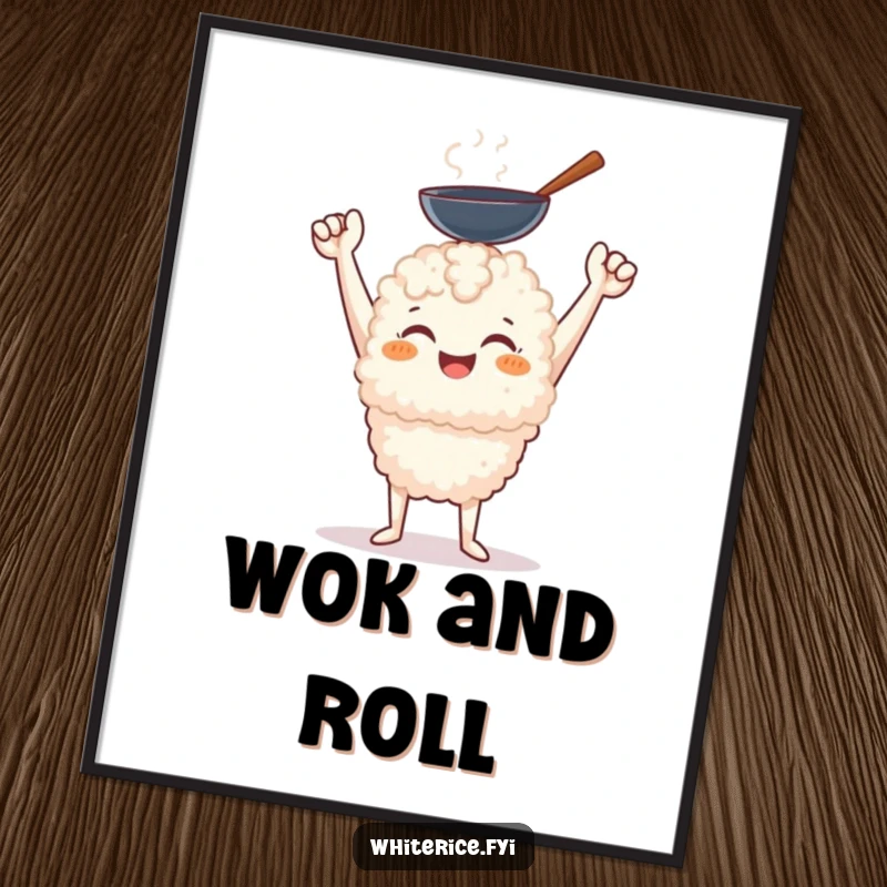 Funny cheerful white rice character with a triumphant smile holding aloft a miniature wok, kitchen art print.