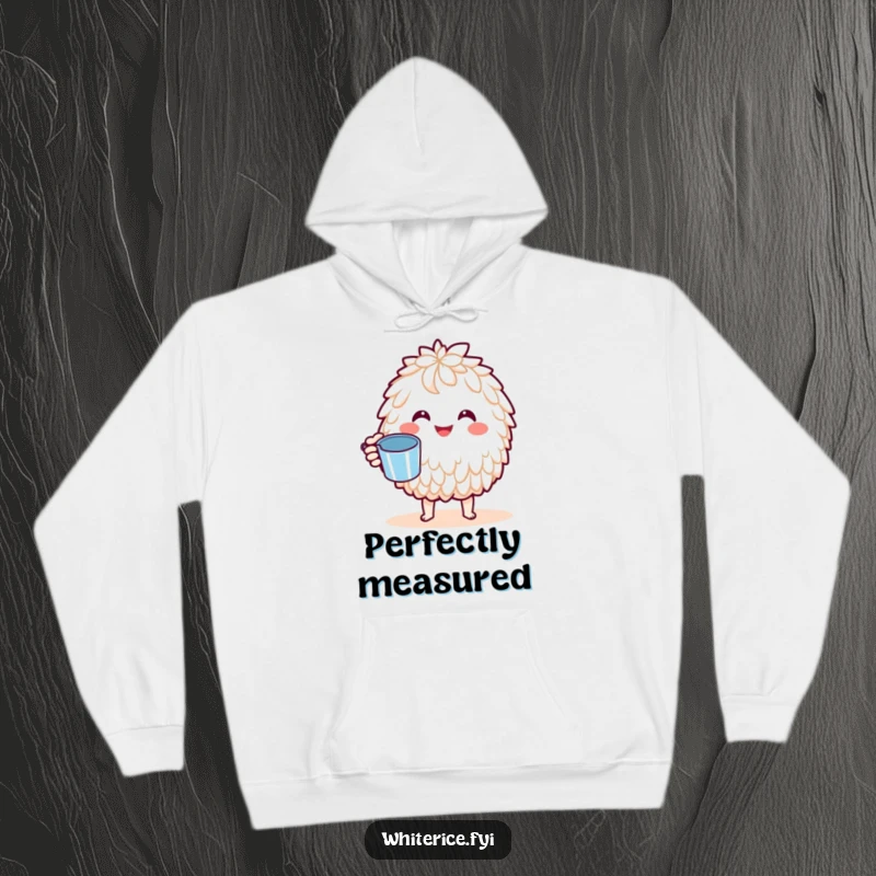 Funny Basmati Rice Hoodie: A joyful Kawaii basmati rice character holding a measuring cup, radiating warmth and culinary cheer, perfect for cozying up.