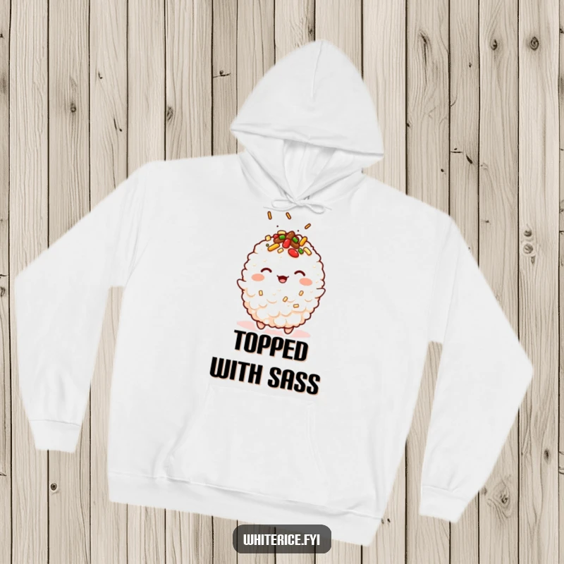 Funny kawaii hoodie with a winking fried rice character, topped with tasty sprinkles, offering warmth.