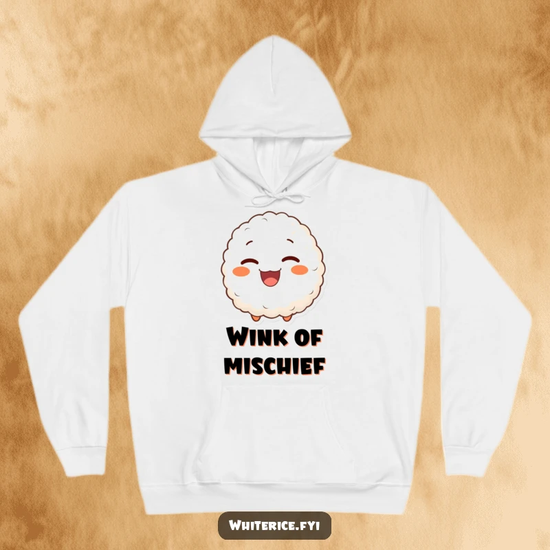 Funny hoodie featuring a delighted rice ball character giving a knowing and joyful wink, radiating warmth and playfulness.