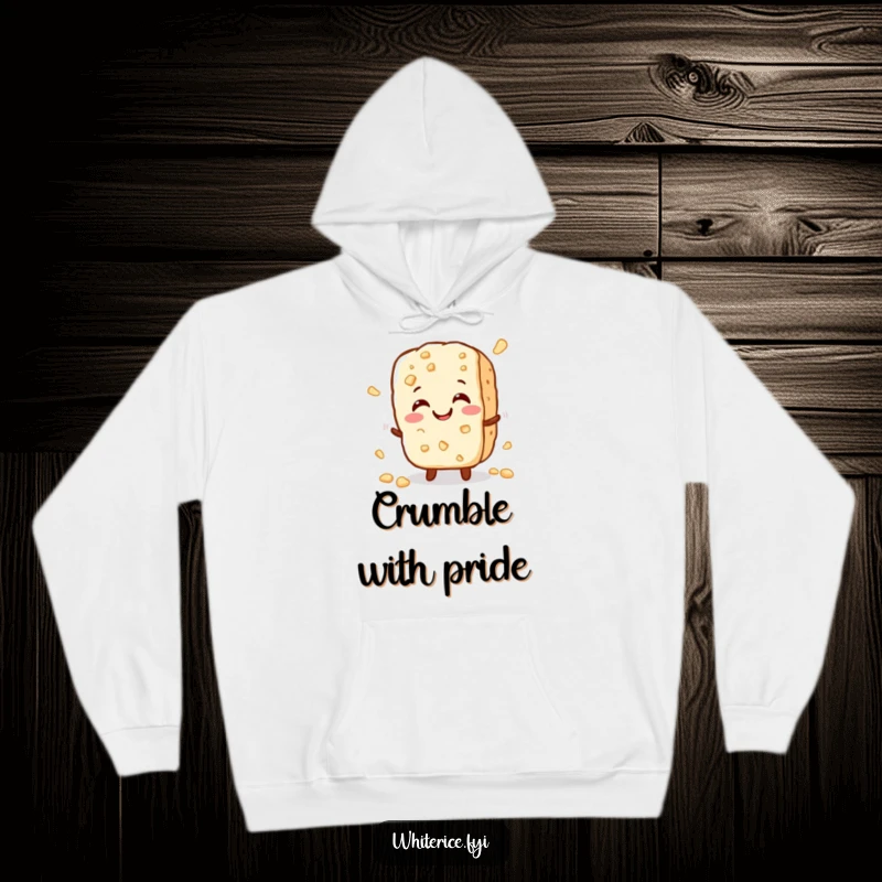 Funny hoodie featuring a cheerful, small rice cracker character crumbles slightly with a happy crunch, perfect for cozy and happy moments.
