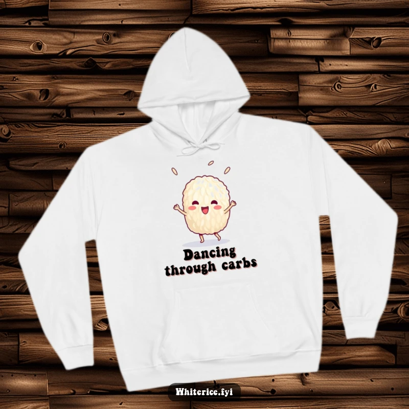 Funny hoodie featuring a delighted grain of rice doing a victory dance, celebrating success in cozy style.