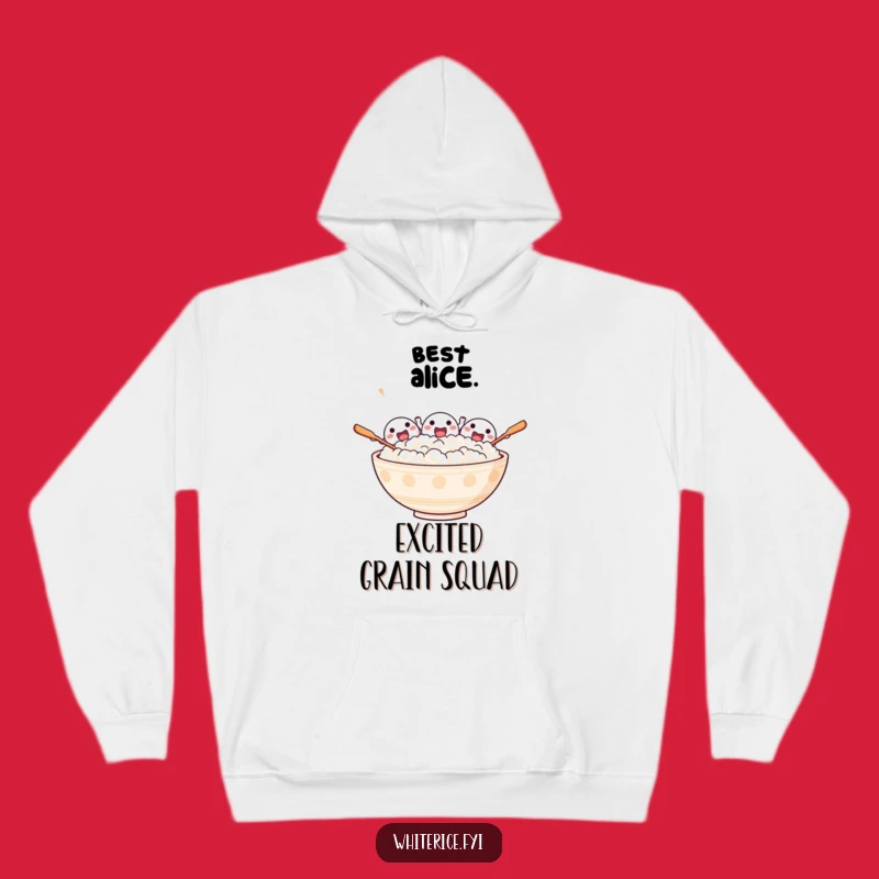 Funny Excited Rice Hoodie: Cheering Characters, Cozy Celebration Sweatshirt, Gift!