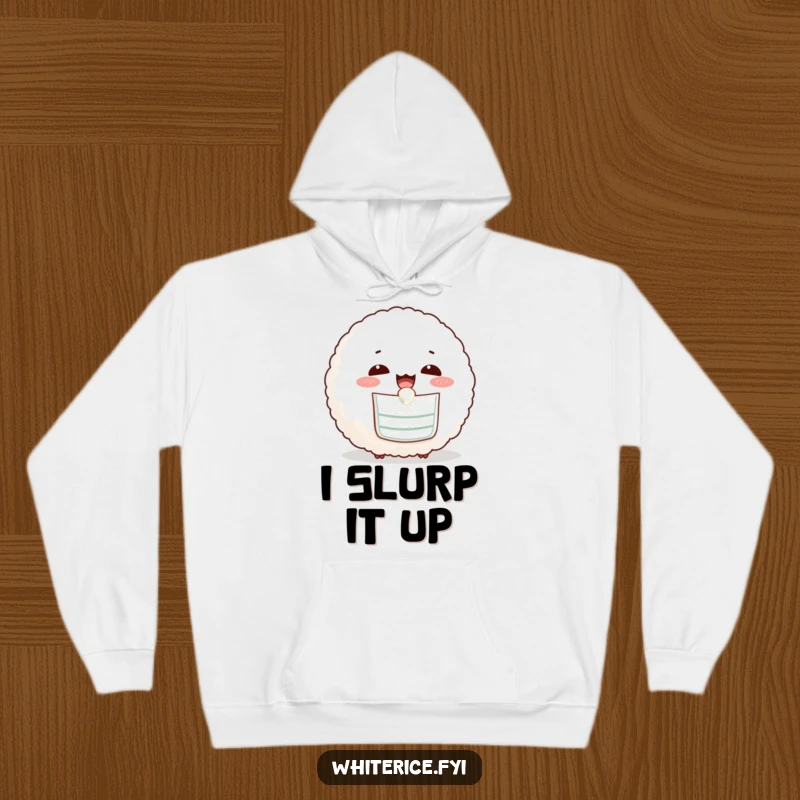Funny hoodie featuring a smiling rice ball wearing a small bib, happily slurping, for ultimate cozy vibes.