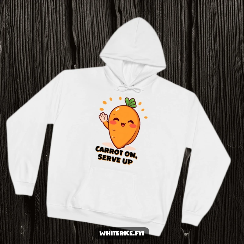 Funny hoodie with a blushing orange carrot slice character cheerfully waving and serving food, a comfortable and cute design.