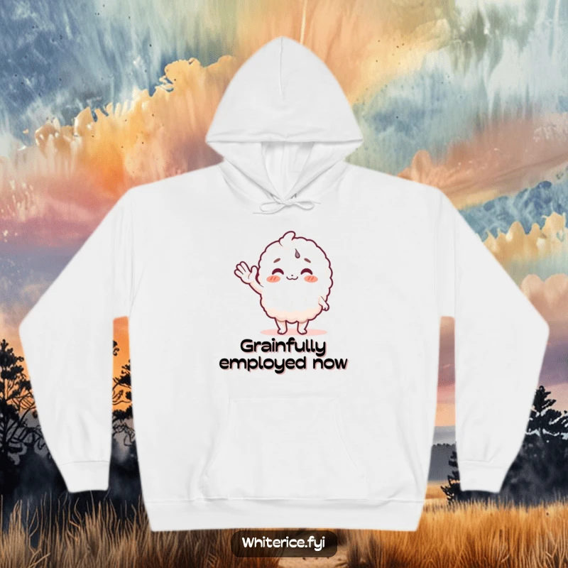 Funny rice character hoodie showing a happy white rice grain character in a welcoming pose, ready to greet. Super soft and warm.