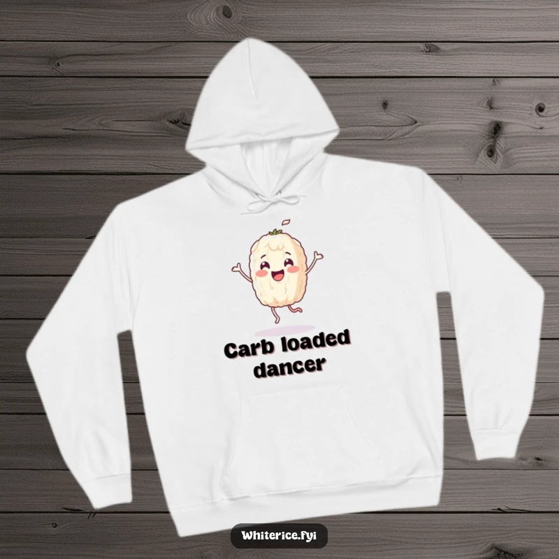 Funny hoodie depicting a gleeful rice grain character in mid-dance, offering warmth and a humorous visual treat.