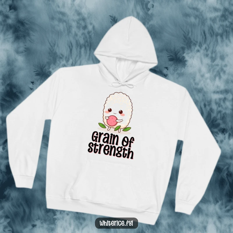 Funny Rice Hoodie: A determined grain of rice pushing a radish slice, offering warm motivation and humorous encouragement.