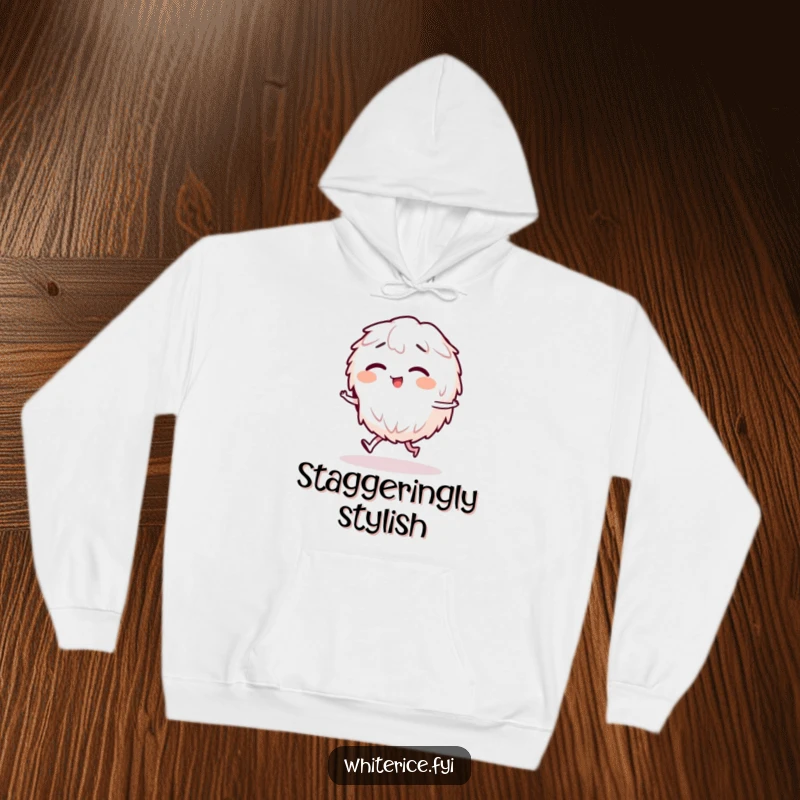 Funny hoodie depicting a giggling rice character in a funny, wobbly stagger, offering warmth and humorous charm.