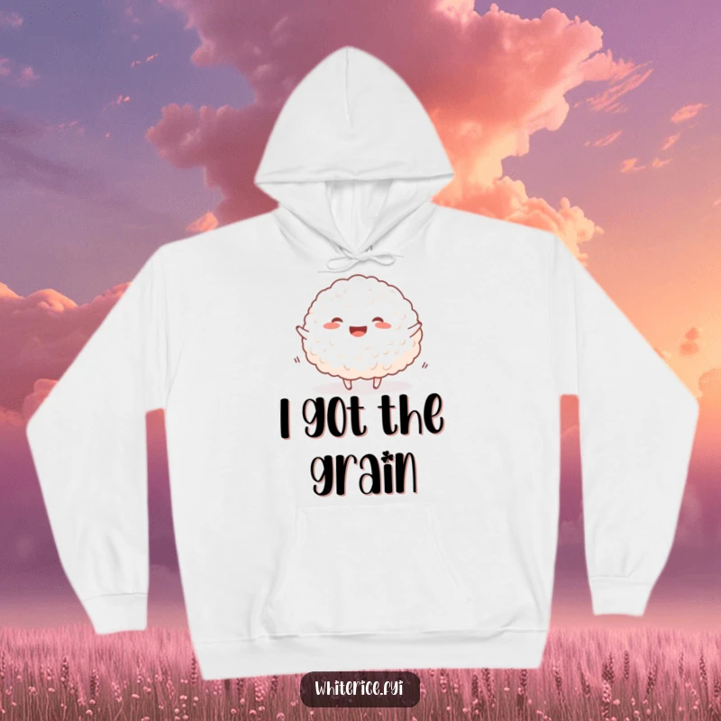 Funny happy rice hoodie featuring a cheerful mound of white rice doing a joyful bounce, symbolizing comfort.