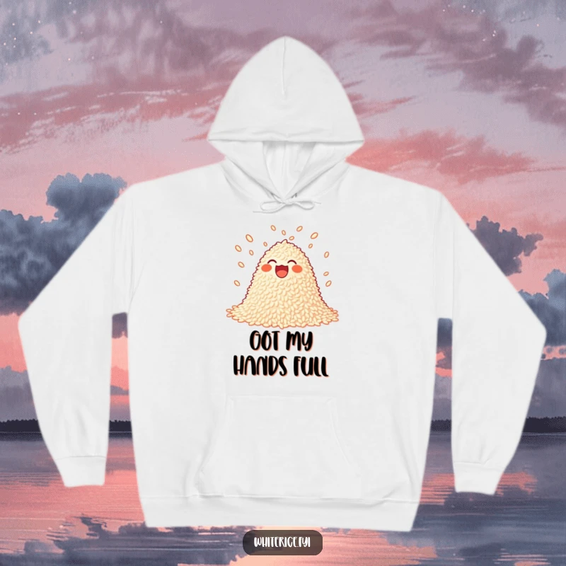 Funny juggling rice hoodie featuring a joyful pile of rice playfully juggling grains, symbolizing warmth and playfulness.