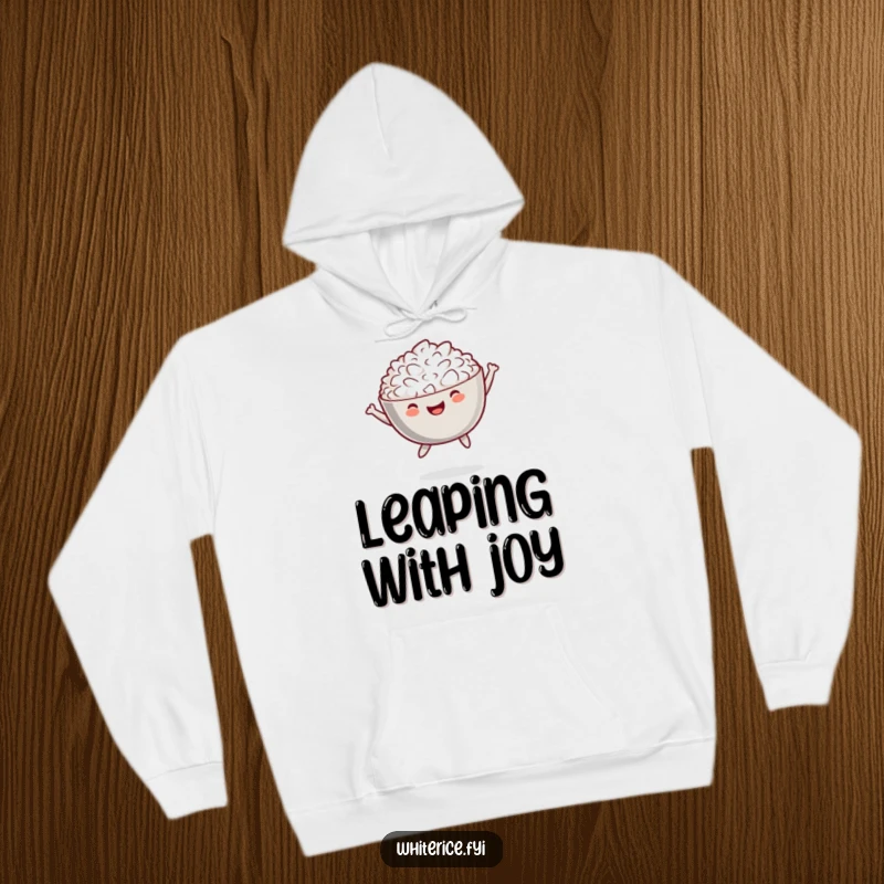 Funny hoodie featuring a joyful bowl of white rice in a playful jumping pose, perfect for warmth.
