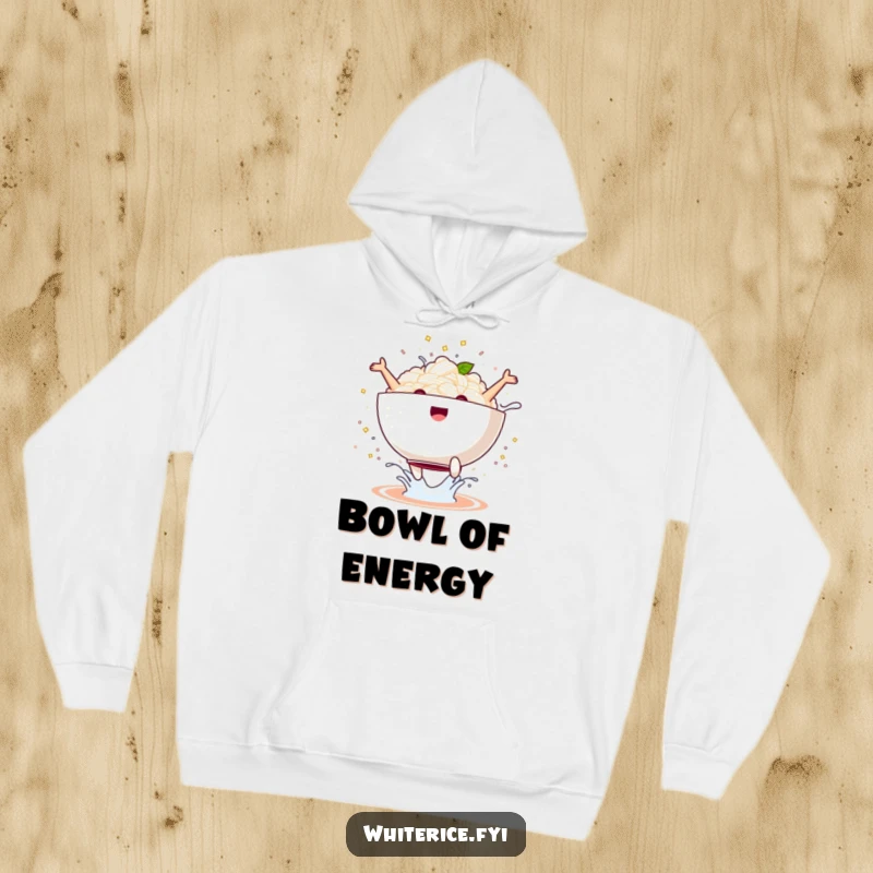 Funny kawaii rice bowl hoodie performing a joyful jump with a splash, cozy and hilarious comfort wear, perfect funny gift.