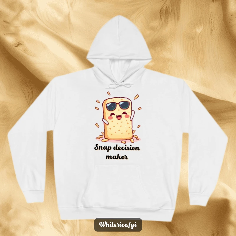 Funny hoodie showcasing a kawaii rice cracker character executing a crisp, triumphant snap, providing warm humor.