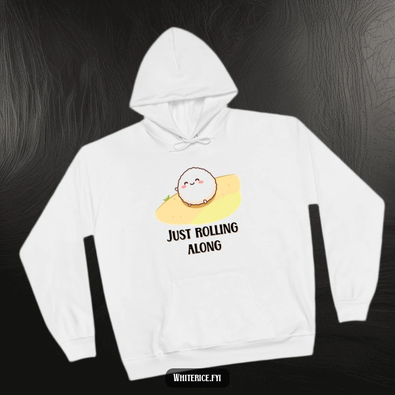 Funny hoodie featuring a smiling, round rice ball character playfully rolling downhill, designed for ultimate comfort and laughter.