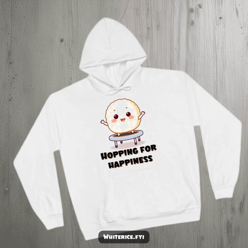 Funny hoodie depicting a giggling rice cake bouncing like a mini trampoline, radiating pure joy and energy.