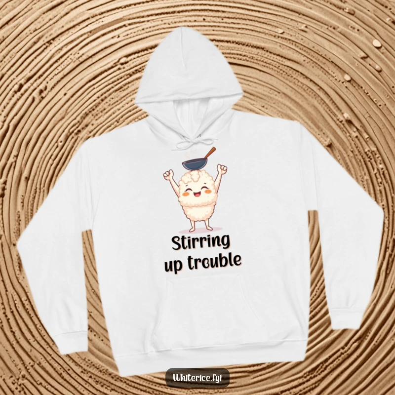 Cozy funny cheerful white rice character with a triumphant smile holding a miniature wok, a hoodie.