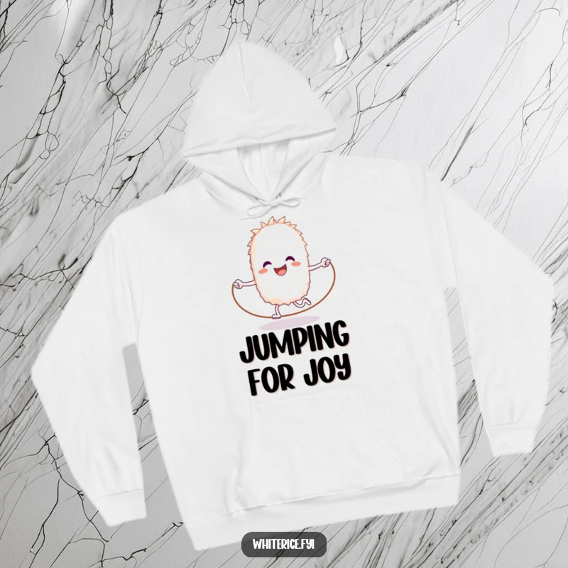 Funny hoodie showing a happy white rice grain character jumping rope with great enthusiasm, for cozy fitness.