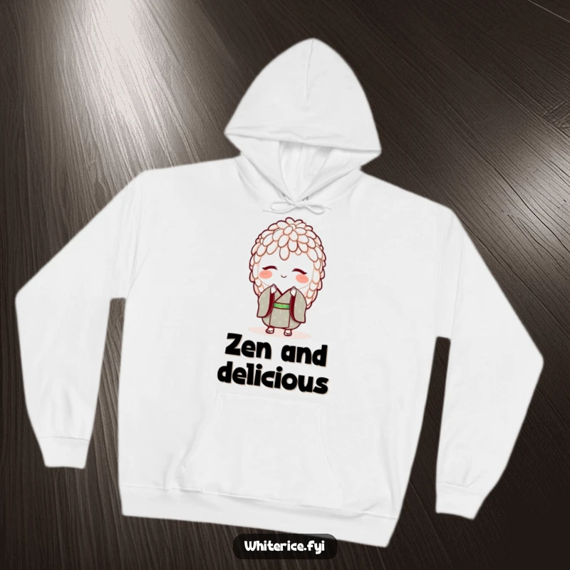 Funny hoodie featuring a smiling grain of rice in a tiny kimono, bowing with respect. Cozy and cultured.