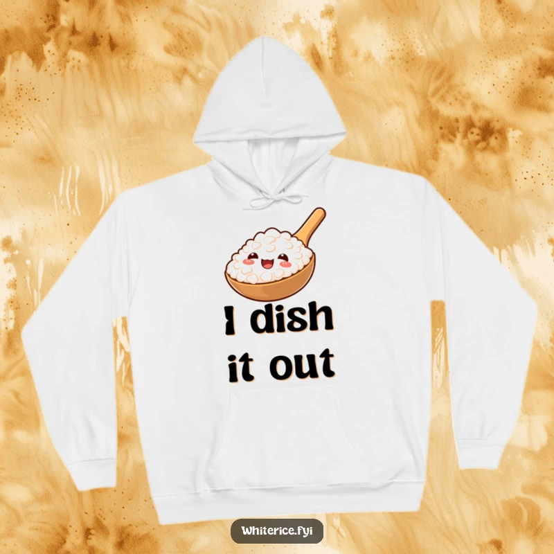 Funny hoodie showcasing a cheerful rice paddle offering a heaping spoonful of fluffy rice for ultimate comfort.