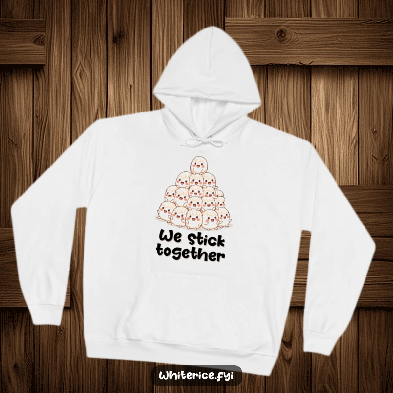 Funny hoodie with a depiction of a cheerful, wobbly pyramid of happy rice characters, perfect for cozy humor.