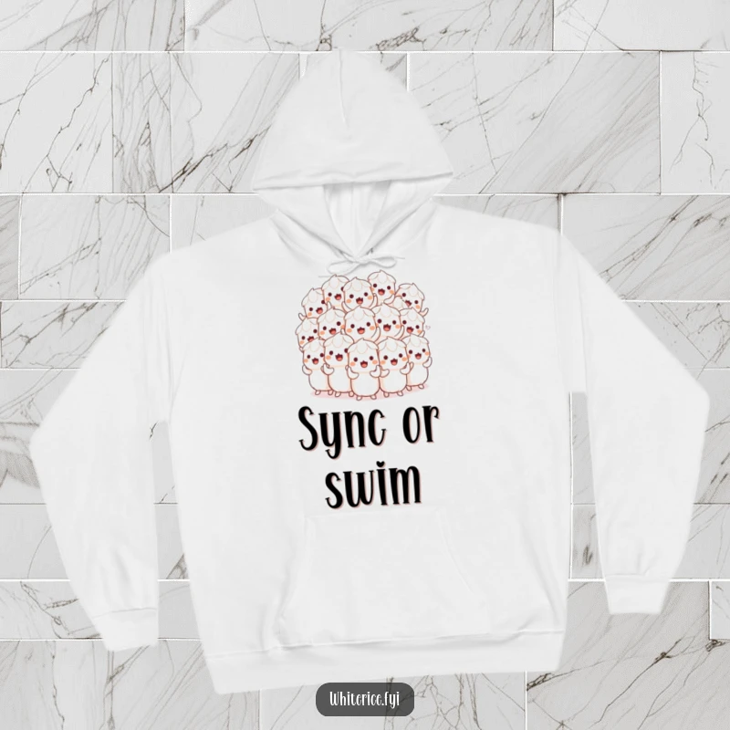 Funny hoodie depicting a playful pile of white rice characters doing a synchronized wiggle, designed for maximum warmth and humor.