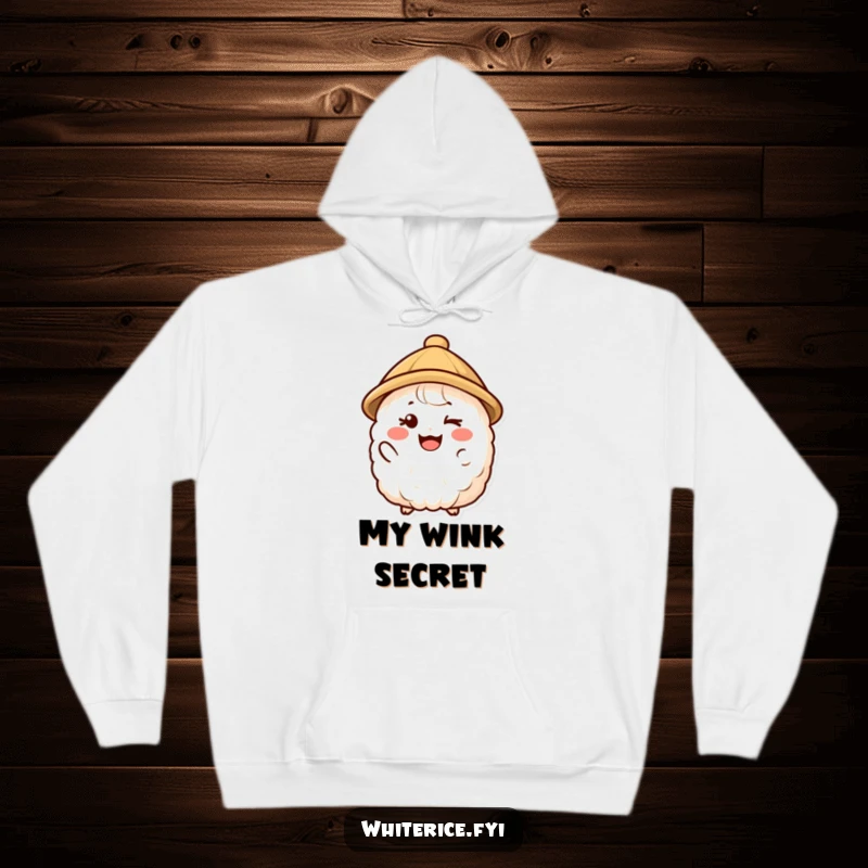 Funny hoodie featuring a happy rice character in a small hat, offering a friendly and knowing wink, perfect for comfort.