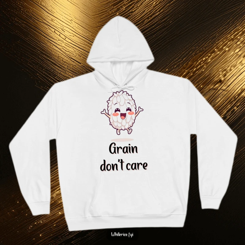 Funny hoodie featuring a cheerful white rice grain character comically leaping enthusiastically, perfect for cozy, humorous wear.