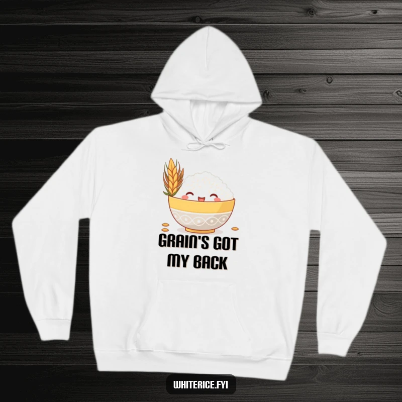 Funny hoodie showcasing a cute rice bowl peeking from behind a huge grain, designed for comfort and humorous appeal.