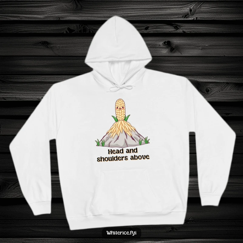 Funny Rice Grain Hoodie showing a proud rice grain on a mountain of rice, symbolizing achievement and cozy comfort.
