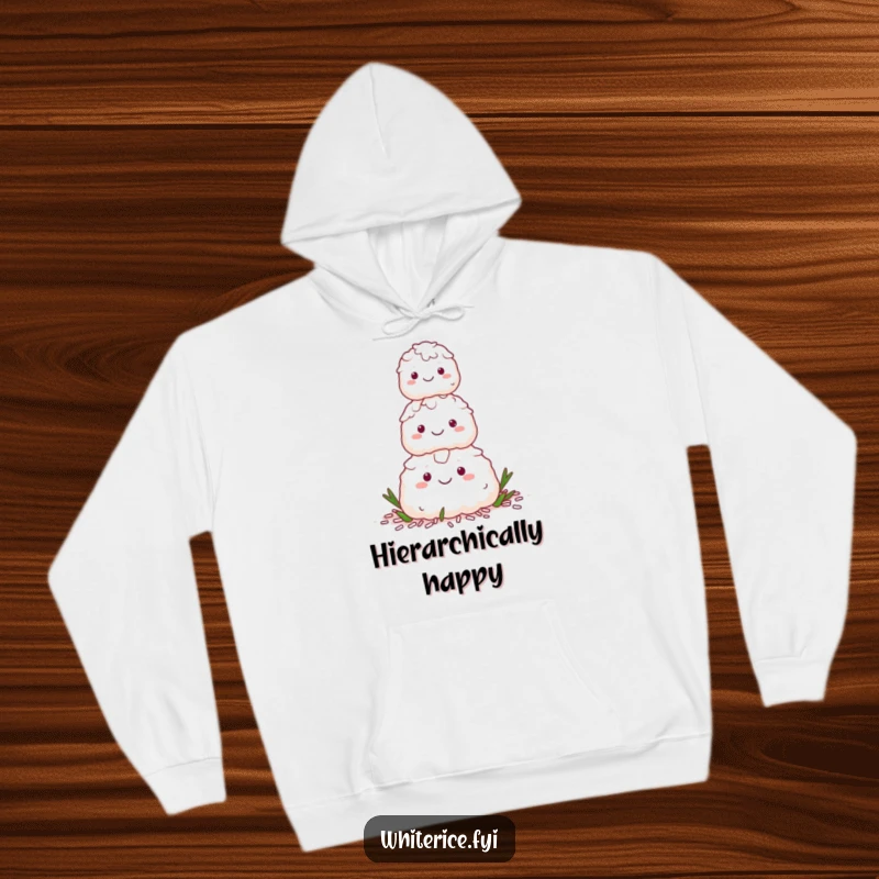 Funny hoodie featuring a happy stack of white rice characters forming a pyramid, perfect for cozy togetherness.