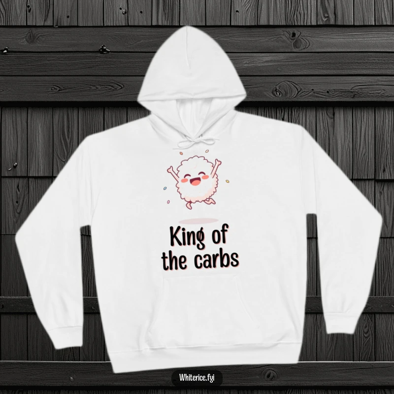Funny hoodie showcasing a delighted white rice grain making a triumphant leap, exuding happiness and a funny sense of achievement in a cozy design.