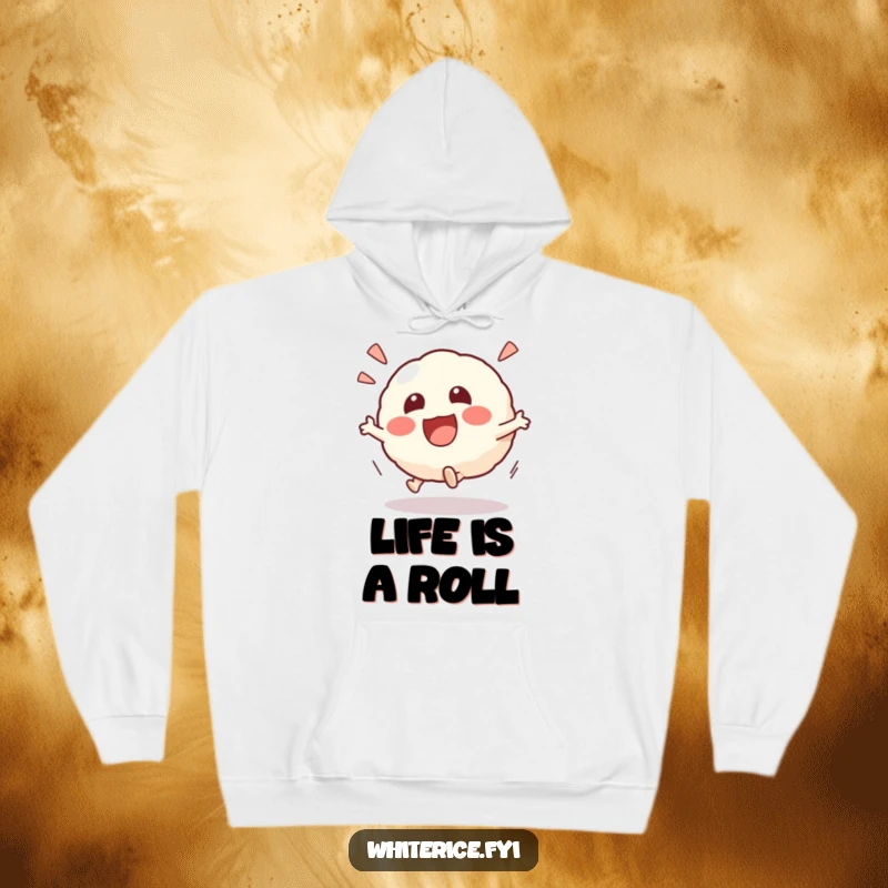 Funny Kawaii risotto ball hoodie with an excited character in a playful roll, offering cozy comfort and a touch of humorous fun, a great gift.