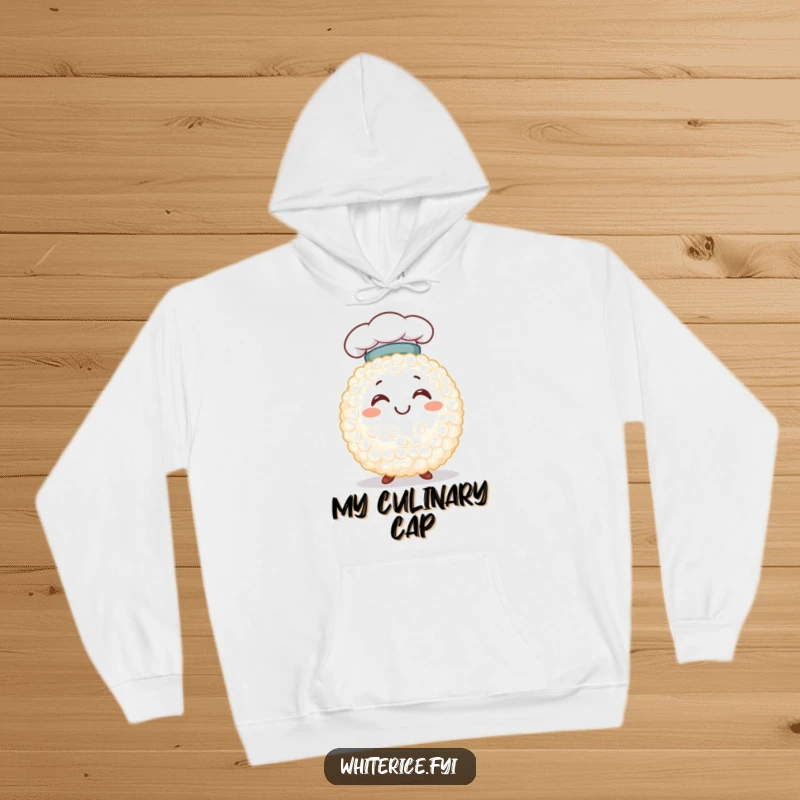 Funny smiling white rice grain character wearing a chef hat, featured on a cozy hoodie, radiating culinary charm and happiness.