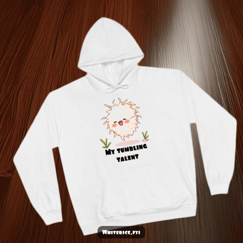 Funny animated white rice grain character in a dynamic somersault, featured on a cozy hoodie, radiating energetic vibes and playful spirit.