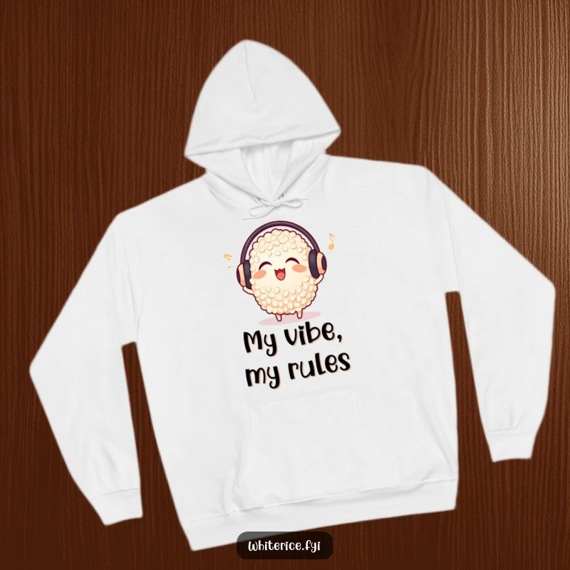 Funny delighted rice grain hoodie, wearing earmuffs, listening to music, cozy and fun graphic.