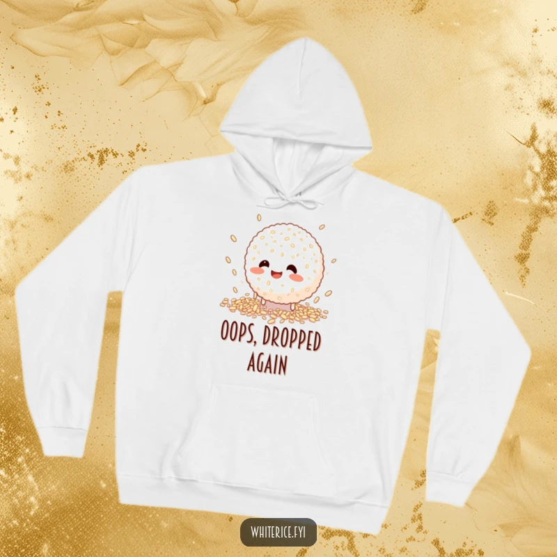 Funny hoodie with a happy rice ball character comically trying to catch falling grains, perfect for cozy silliness.