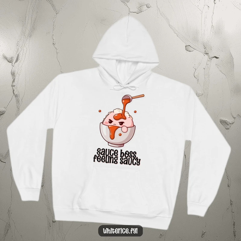 Funny hoodie with a determined pink rice bowl character focused on pouring savory sauce, perfect for cozy laughs.