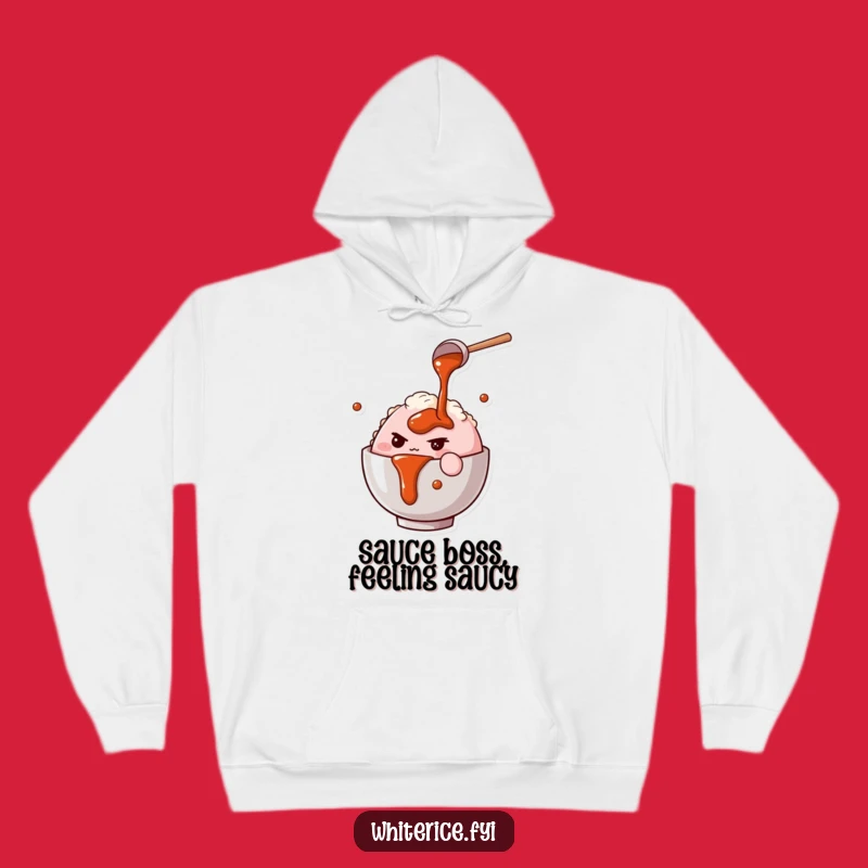 Funny Rice Bowl Chef Hoodie: Determined Character Pours Sauce, Cozy Gift