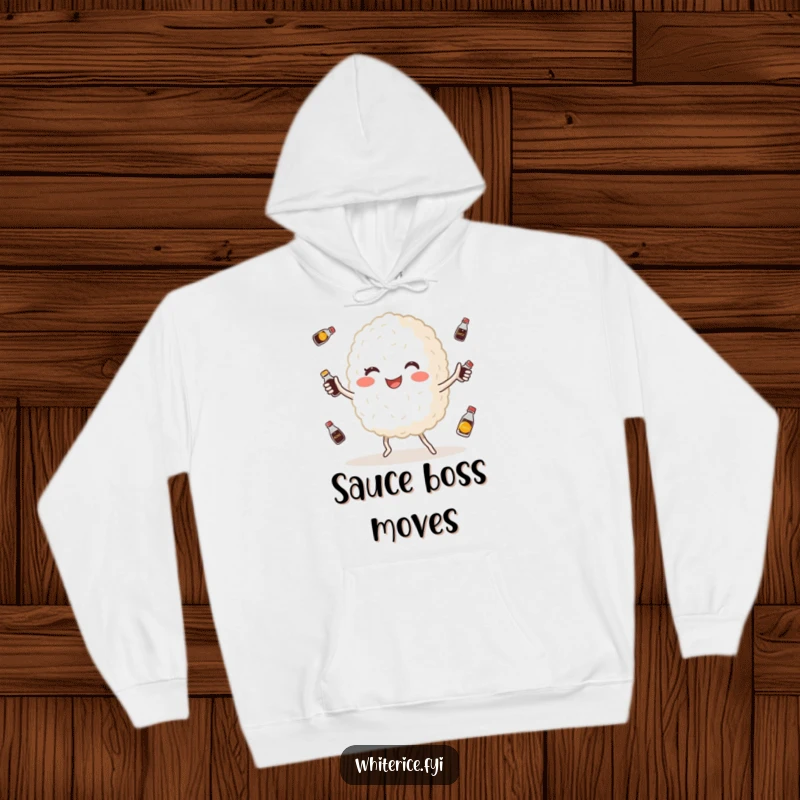 Funny hoodie with a happy, plump white rice grain character mid-juggle with tiny soy sauce bottles, capturing playful energy.