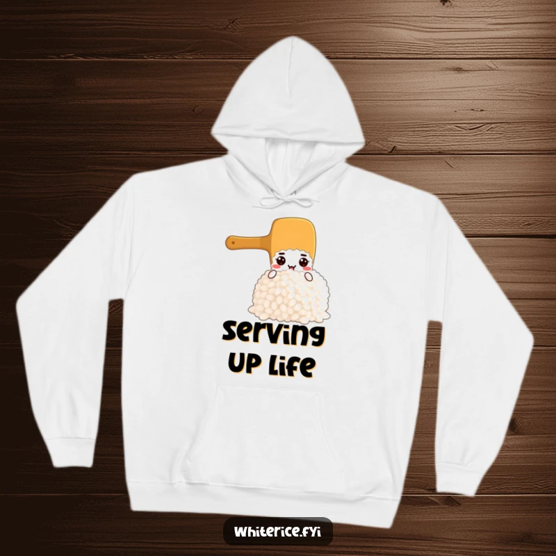 Funny hoodie with a cozy feel, depicting a small rice paddle character heroically scooping up a mountain of fluffy rice.