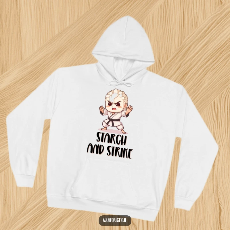 Funny hoodie showcasing a delighted, tiny grain of rice in a powerful martial arts pose, perfect for cozy humor.